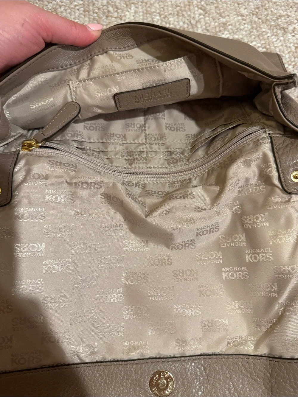 Michael Kors Taupe Leather Fold-Over Clutch with Gold Accents